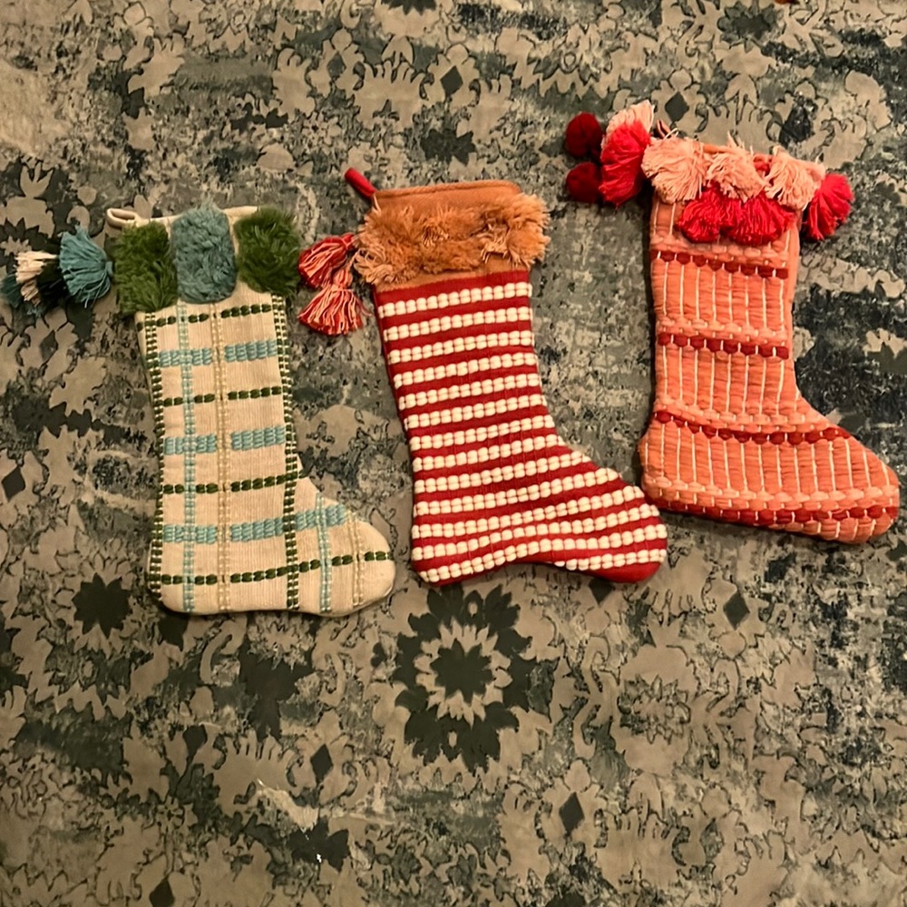 3 Creative Co Op Christmas Stockings.  Bought from Pink Antlers in Kansas City.